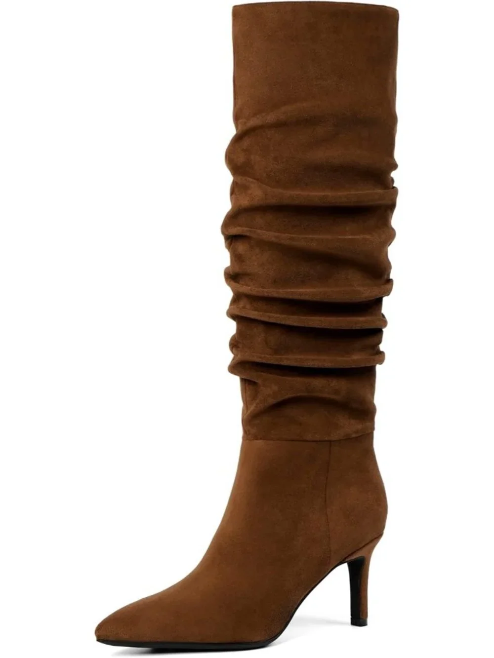 Women's Slouchy Brown Suede Pointed Toe Faux Leather Stiletto Over The Knee Boot